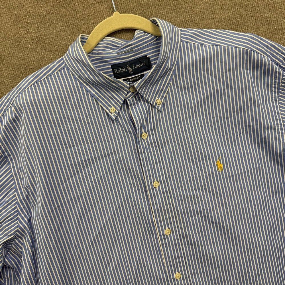 Ralph Lauren Classic Fit Button Down Shirt Men XXL Blue White Stripe Yellow Pony